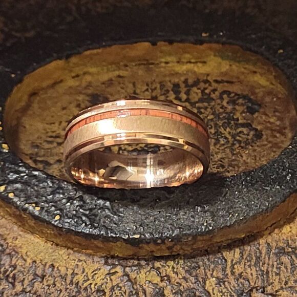 Men's Promise Ring Surgical Steel With Rose Gold Coating and Wood inlay - Picture 3 of 7
